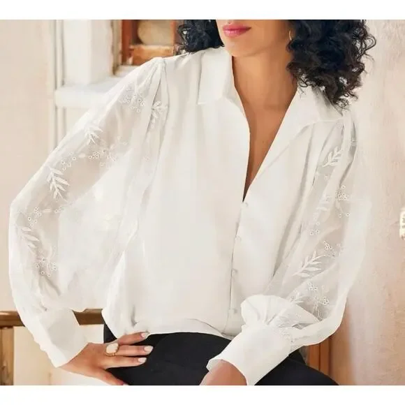 Soft Surroundings Lorenza White Embroidered Puff Sleeve Blouse Women’s XL - Picture 1 of 12
